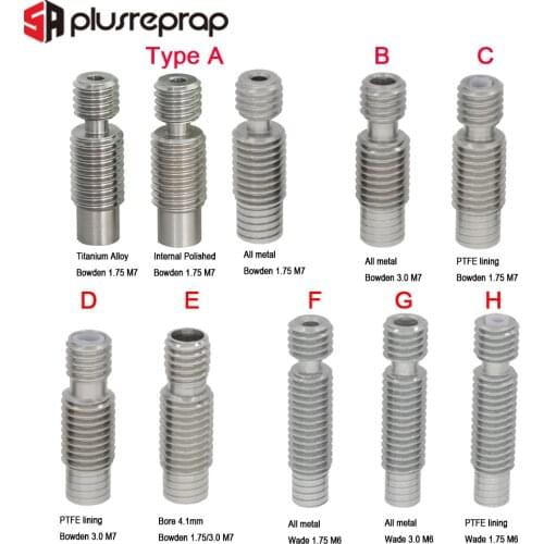 V6 Bowden Wade Heat Break Hotend M7 and M6 PTFE Throat for 1.75mm / 3.00mm Filament Stainless Steel 3D Printer Parts