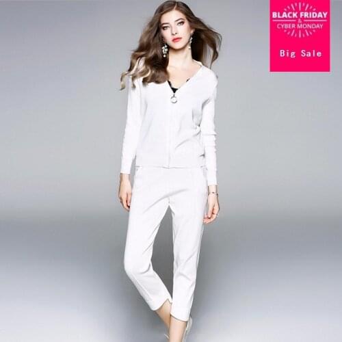 Fashion brand autumn cotton fiber Knitted Suit v-neck Sweater + Calf-Length Pants Leisure Two-pieces sets wq35 dropship