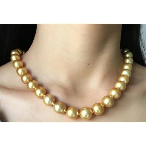 Gorgeous 12-14mm south sea round gold pearl necklace 18inch 14k