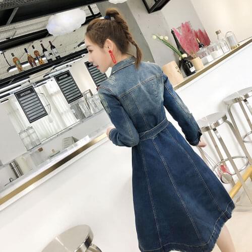Vintage Ripped Long Sleeve Slim Single Breasted Denim Dress Street Casual Sashes High Waist Vestido 2020 New Office Jeans Dress