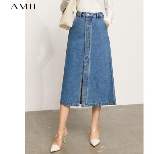Amii Minimalism Denim Skirts For Women Streetwear High Wasit Split Jean Skirt Female Long Skirt Fashion Womens Skirts 12130301