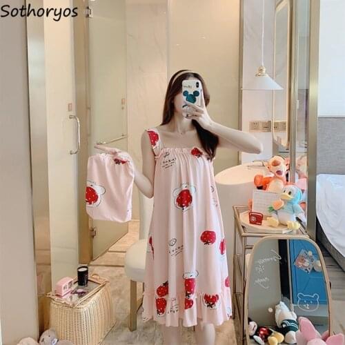 Women Nightgowns Cartoon Print Leisure Fashion Summer Ruffles Sleeveless Spaghetti Strap Homewear Breathable Korean Style Chic