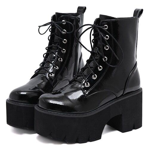 Woman Lace Boots Womens Ladies Chunky Wedge Platform Black Patent Leather Ankle Boots Punk Goth High heels Combat Boots Ladies