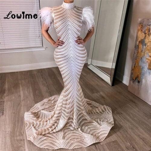 White Feather Middle East Women Evening Dresses 2019 Arabic Dubai Kaftan Long Mermaid Party Dress Prom Dresses High Neck
