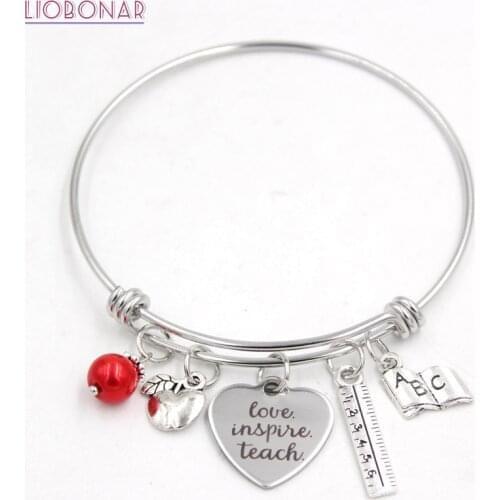 1PC Stainless Steel Wire Bangle Adjustable Bangle Book Ruler Teacher Charm Bracelet Bangle Jewelry Teachers Gift Bijoux Pulsera