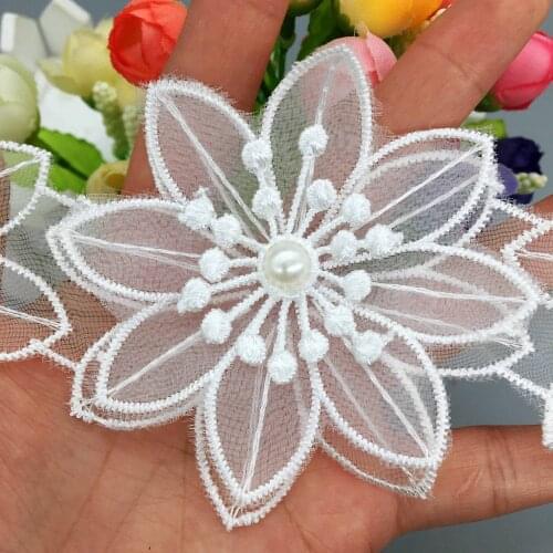 10x White Soluble Flower Pearl Lace Trim Embroidered Veil Ribbon Fabric Applique Trimmings Sewing Craft Wedding Dress Decoration