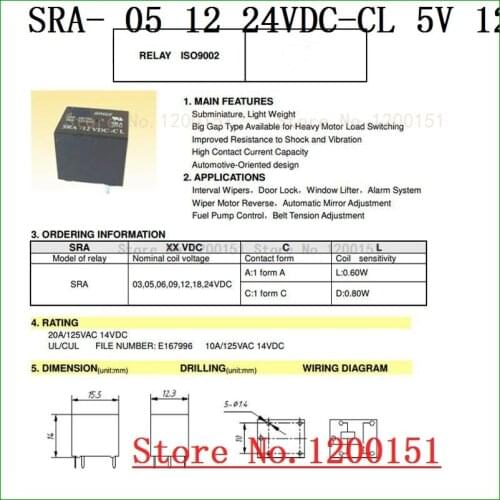 5pcs/lot 5V 12V 24V 20A DC Power Relay SRA-05VDC-CL SRA-12VDC-CL SRA-24VDC-CL 5Pin