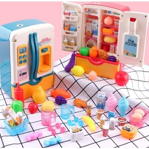 Children Play House Kitchen Simulation Double Door Refrigerator Plastic Toy Big Set Spray Light Music Story Unisex Baby Gifts