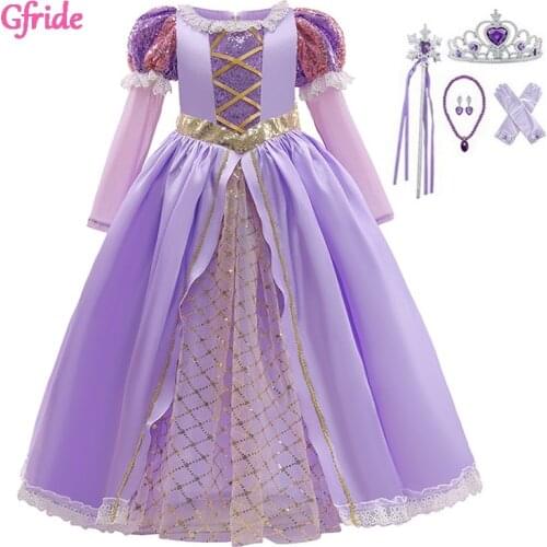 Children Rapunzel Costume Lack Long Sleeve Neck For Kids Princess Girls Cosplay Sofia Dress Back Big Bow Accessories 2-10Yr