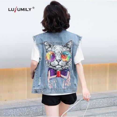 Lusumily Sequin Denim Vest Women Waistcoat Jacket Cute Cat Female Sleeveless Jean Jacket Plus Size Cowboy Outwear Denim Vest