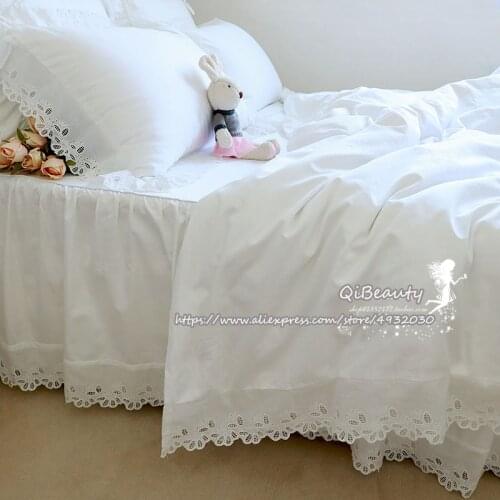 European pure white hollow lace satin cotton bed skirt quilt cover cotton princess bedding