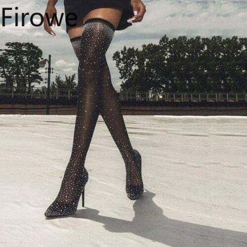 Firowe Women Crystal Runway Stretch Fabric Sock Boots Pointed Toe Over-the-Knee Heel Thigh High Pointed Toe Woman Boots