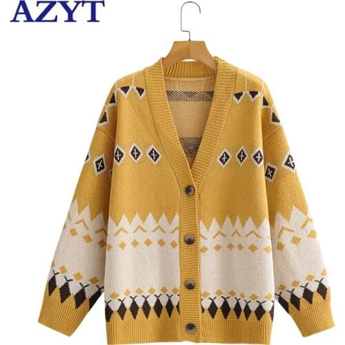 AZYT 2021 Autumn Women Sweater Cardigan Fashion Argyle Panelled Knit Cardigan Female Loose V Neck Pull Femme Knitwear Tops Women
