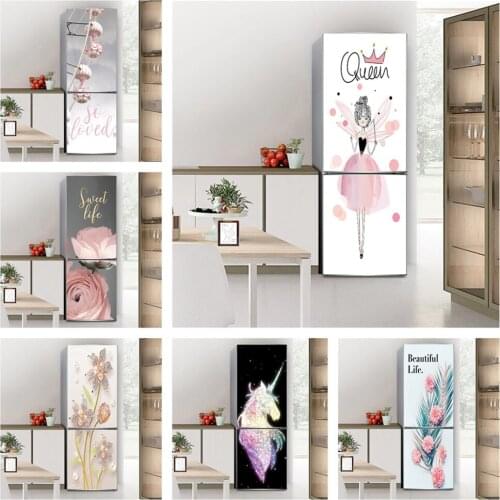Nice Kitchen Decorative Fridge Covering Full Sticker Queen Fairy Pink Rose Palm Leaf PVC Home Decor Refrigerator Removable Decal
