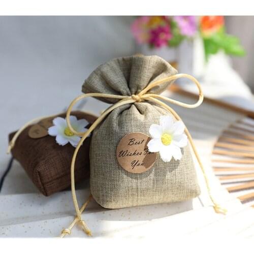 1pc Floral Gift Bags Cotton Linen Tea Bag Wedding Christmas Birthday Candy Bag Drawstring Pouch Sachet Bag Best Wishes to You