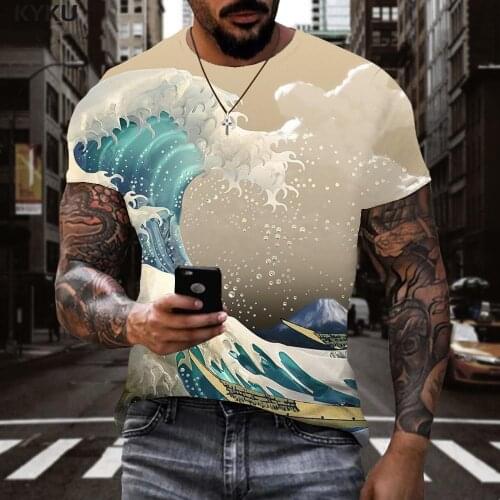 KYKU Waves T-shirt Men Sail Tshirts Casual Surf Shirt Print Ocean Anime Clothes Short Sleeve summer Fashion Male Tops
