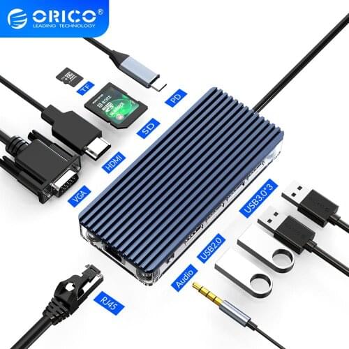 ORICO USB C HUB Type C to Multi USB 3.0 HDMI-Compatib PD RJ45 Carder Reader Dock Splitter for MacBook Pro Accessories Transparen