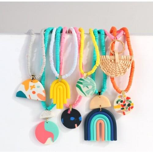 AENSOA 32 Style Irregular Geometric Polymer Clay Necklace For Women Clay Disc Choker Pendant Surfer Bead Necklaces Beach Jewelry