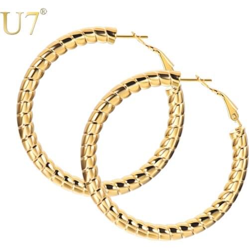 U7 Simple Earrings Round Circle 25mm / 40mm Three Color Trendy Design New Hoop Female Earring Jewelry Party Gift For Women E1014