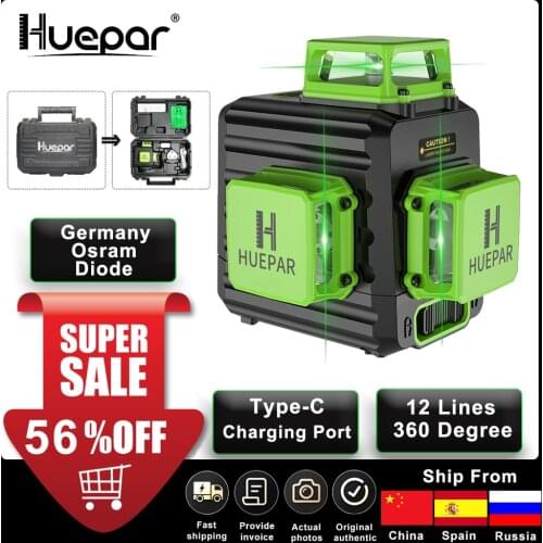 Huepar 3D Cross Line Self-leveling Laser Level 12 lines Green Beam Li-ion Battery with Type-C Charging Port & Hard Carry Case