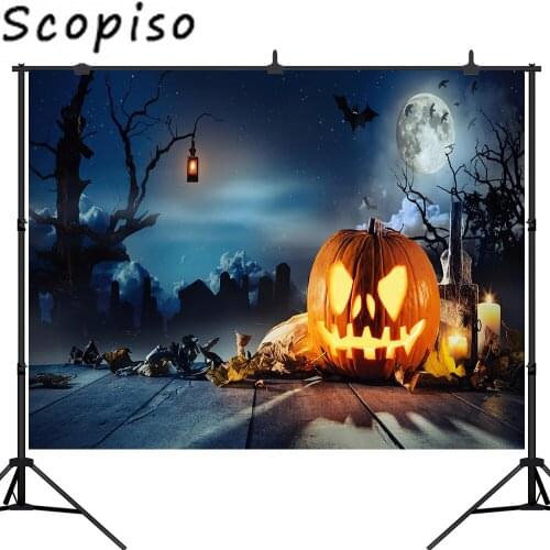 Scopiso Bat Cemetery Old Tree Pumpkin Lamps Wood Floor Halloween Photography Backdrop Photo Background Studio Prop