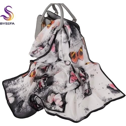[BYSIFA] New Grey Pink Silk Scarf Shawl Fashion Elegant Butterfly Women Chiffon Long Scarves Printed 100% Pure Silk Neck Scarf