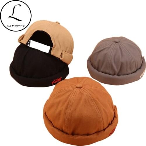 Vintage Men Women Letter Embroidery Beanie Skull Cap For Ladies Black Round Brimless Sailor Cap Femme Adjustable Hiphop Hats