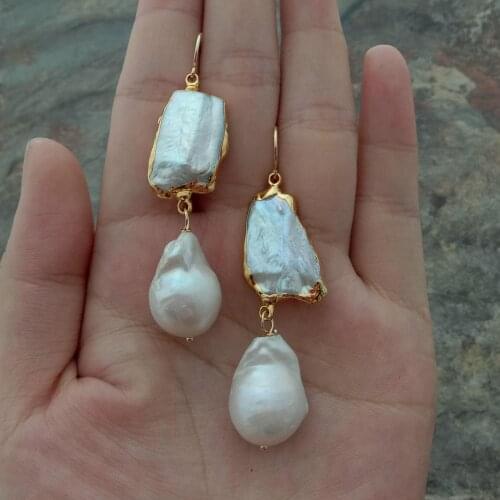 YYGEM White Biwa Nucleated Flameball Baroque Pearl Gold color Plated hook Earrings dangle earrings cute for women