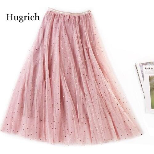 2020 New Summer Tulle Skirts Womens Fashion Shining Star Mesh Tutu Skirt Pleated Long Skirts Midi Skirt Saias Faldas Jupe Femme