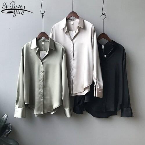 Satin Shirts Fashion Long Sleeve Blouse Women Autumn Vintage Button Up White Loose Womans Shirts Female Silk Shirt Women 11355