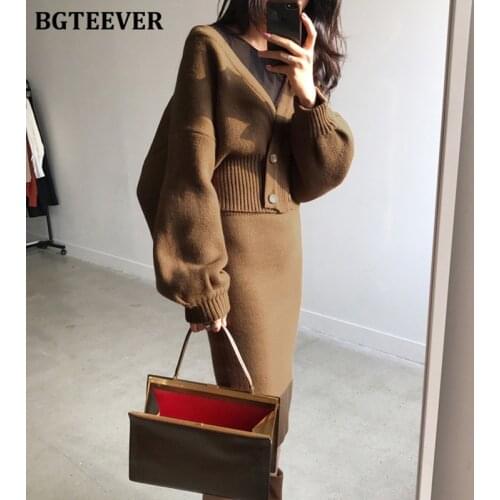 BGTEEVER Women Knitted 2 Pieces Set V-neck Double Breasted Cardigans & Split Midi Pencil Skirts Ladies Winter Sweater Set 2020