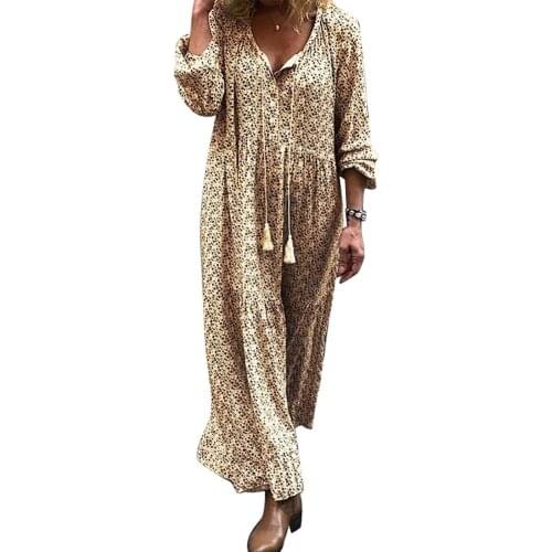 Hot apparel Plus Size Dress Women Bohemian V Neck Floral Print Tassel Drawstring Long Sleeve Dresses Women