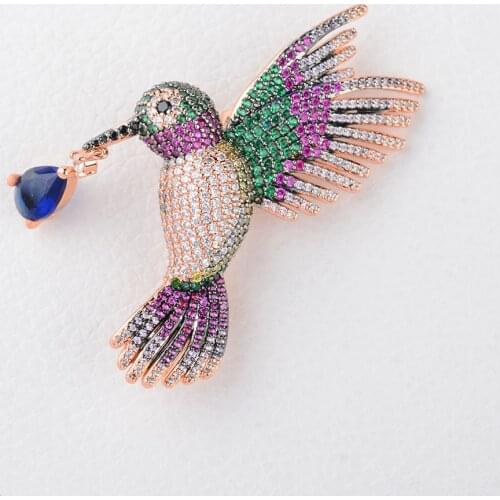 1pc 36x48mm golden plated Mixed Color Cz micro Bird brooch