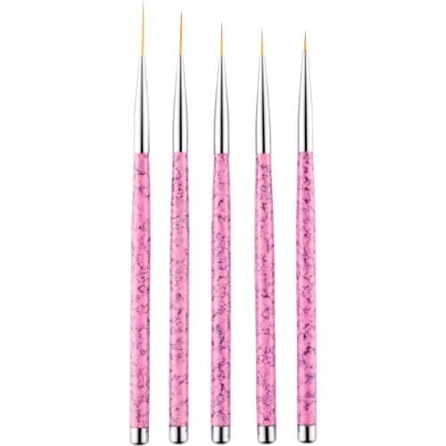 5Pcs Nail Art Liner Brush Drawing Flower Pen Marble Pattern Pink Handle UV Gel Polish Manicure Tools Set 7/9/11/15/20mm
