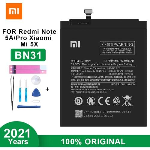 Xiaomi Original Battery BN31 for Xiaomi Mi 5X Mi5X / Redmi Note 5A / Note 5A Pro/Mi A1 Redmi Y1 Lite S2 3080mAh With Free Tools