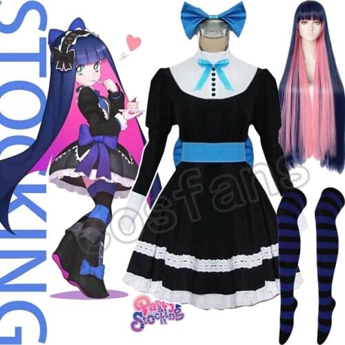 Anime Panty & Stocking with Garterbelt Stocking Anarchy Maid Women Cosplay Costume Dress Long Blue Mix Pink Panty Stocking Wigs