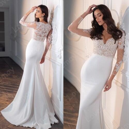 Satin Long Sleeves Beach Wedding Dresses 2021 V Neck Lace Appliques Bridal Gown Bohemian Vestidos De Novia Boho Bride Dresses
