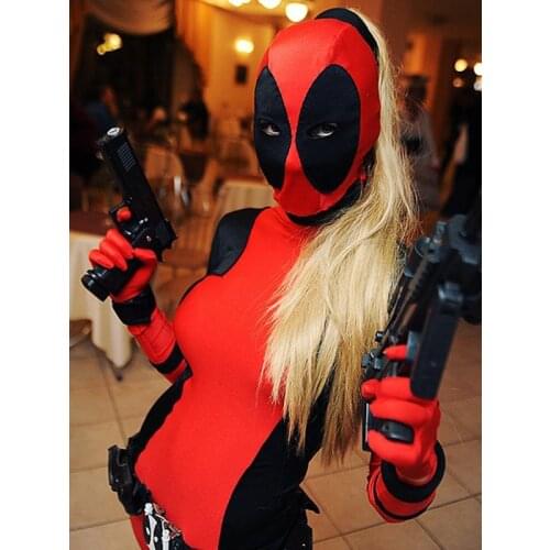 Lady Deadpool Costume Spandex Bodysuit with Ponytail Hole Women/Female/Girls Zentai Adults Halloween Cosplay Costumes Open Eyes