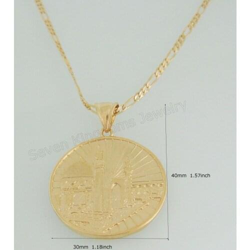 Foromance/ YELLOW GOLD GP OVERLAY 24" FIGARO NECKLACE&MUSLIM ALLAH GOD MEKKA SYMBOL worship place PENDANT