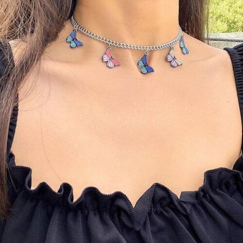 Korean Blue Pink Butterfly Choker Necklace Vintage Silver Color Punk Metal Chain Necklace Romantic Gifts Summer Holiday Jewelry