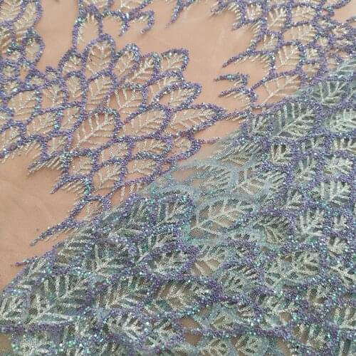 Purple African Net Sequins Lace Fabric Nigerian French Sequence Floral Glitter Voile Party Dress Material Crafts Sewing Trimming