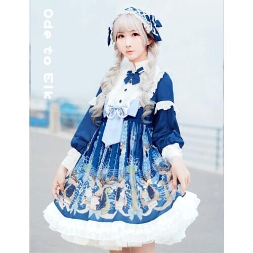 Sweet princess lolita dress vintage stand bowknot falbala high waist cute printing victorian dress kawaii girl gothic lolita op