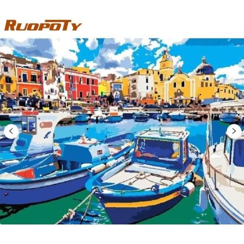 Ruopoty Frame Diy Paint By Numbers Kits Seaside Boat Landscape Picture By Numbers For Home Wall Art Decors 60x75cm