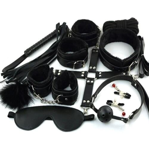 OLO 10Pcs/Set Bondage Restraint Kit Faux Leather BDSM Handcuffs Collar Mouth Ball Breathe Leather Whip Toys Couple Sex Product