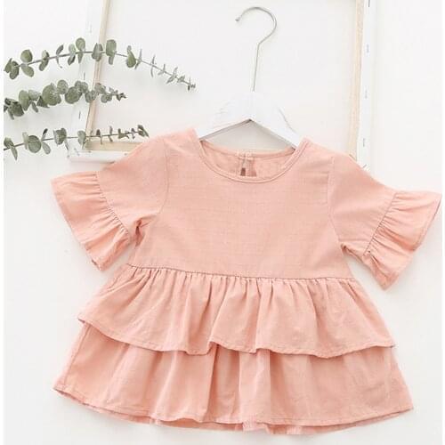 Oyolan Summer Stylish Shirt for Kids Girls Solid Color Top O Neck Short Ruffle Sleeves Layer Ruffle Hem T-shirt Children Blouse