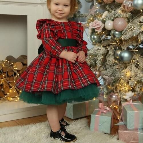 Newborn Baby Christmas Dress Baby Girls Plaid Fly Long Sleeve Round Neck Mesh Patchwork Bowknot Dress