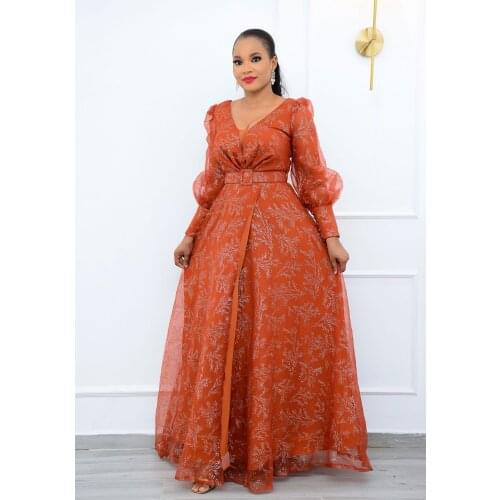 African Dresses for Women Plus Size Long Sleeve V-neck Long Dress Maxi Dress African Clothes Summer 2021