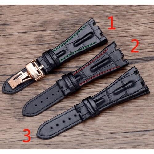 Classic Crocodile Pattern 28mm Black Blue Genuine Cow Leather Watchband For AP ROYAL OAK Watch Strap with Folding Clasp Mans
