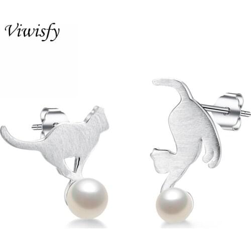 Viwisfy Cute Cat Pearl Studs Earring Vintage Solid 925 Sterling Silver Earrings For Women VW21047