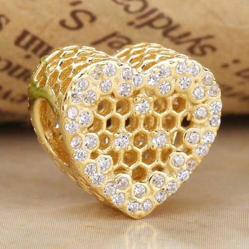 Original Openwork Gold Color Shine Honeycomb Lace With Crystal Beads Fit 925 Sterling Silver Charm Bracelet Diy Jewelry